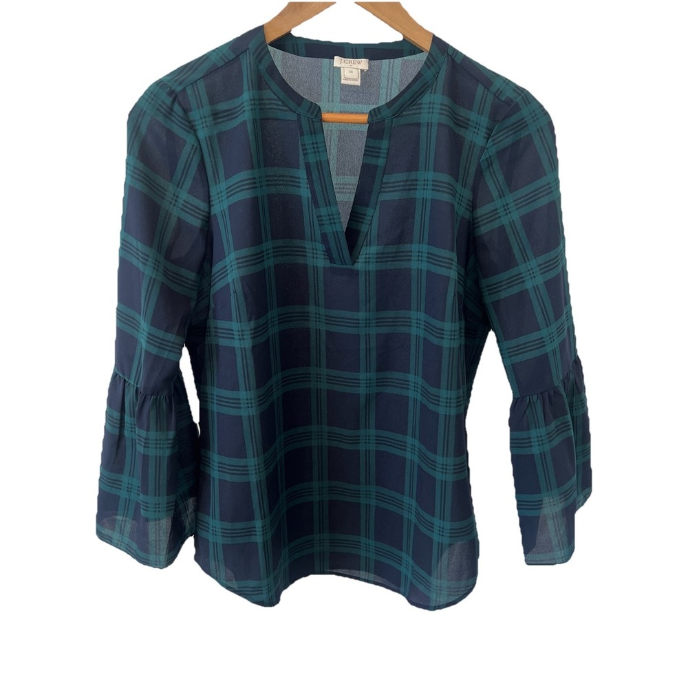 J. CREW Tartan Plaid Top Women's Size XS Green & Navy V Neck 3/4 Bell Sleeves